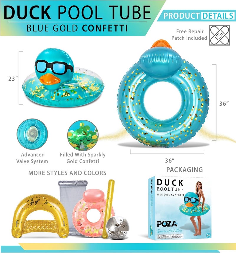 POZA Inflatable Duck Pool Float Tube- Heavy Duty Vinyl UV Resistant Confetti Pool Duck Floatie, Animal Pool Float Swim Ring Pool Inflatables for Kids and Adults for Beach, Party, Vacation - Image 2